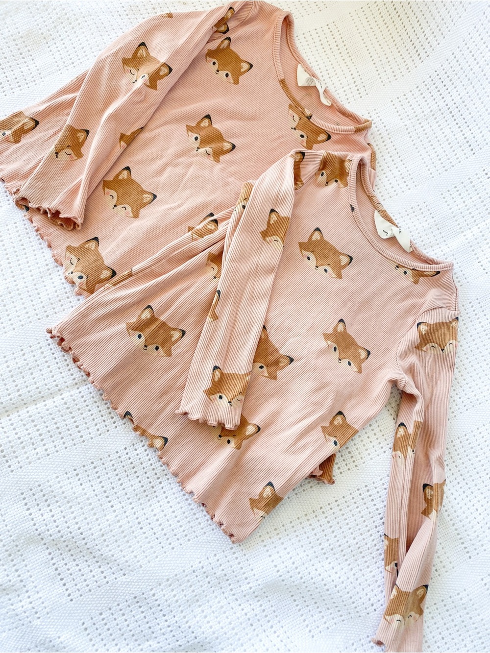 H&M | 100% Cotton Top | Pink Fox Print Ribbed Long-Sleeve Top Set
